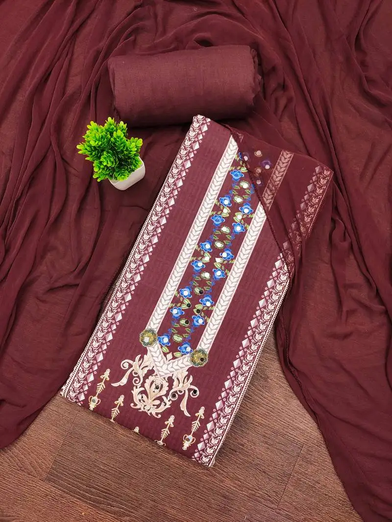 Women's multi unstitched designer print & mirror work rayon dress material (mt666bwn)