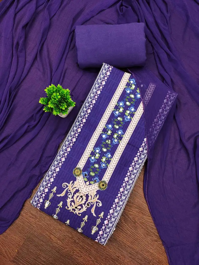 Women's multi unstitched designer print & mirror work rayon dress material (mt666blu)