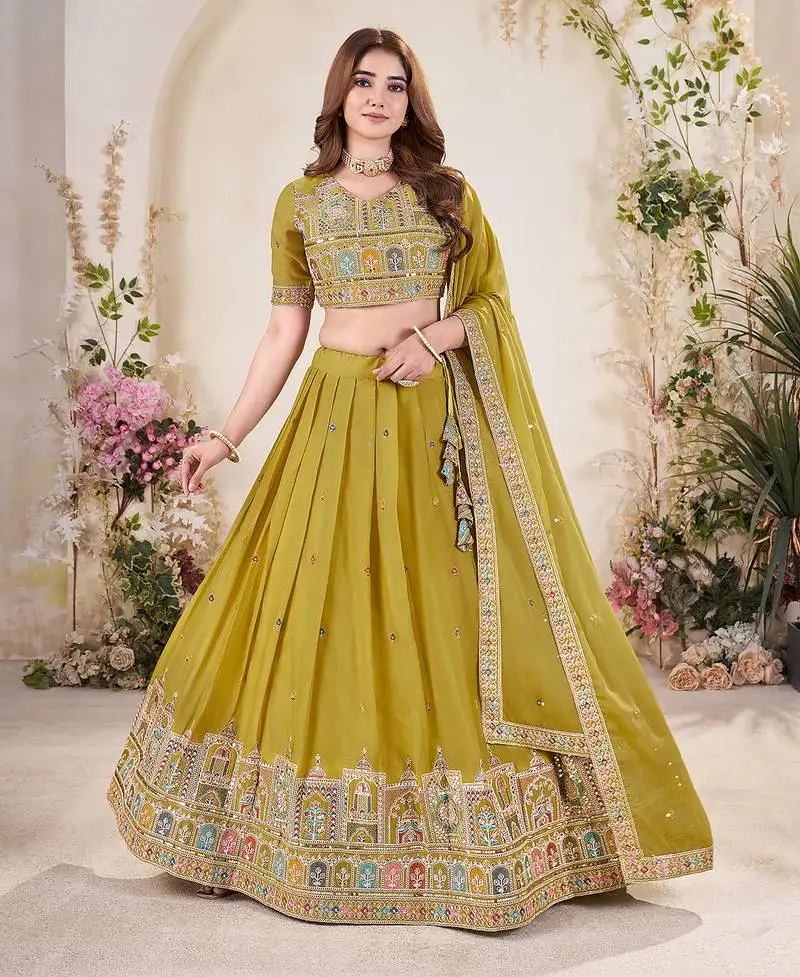 Lime embellished sequinned lehenga with unstitched blouse and dupatta