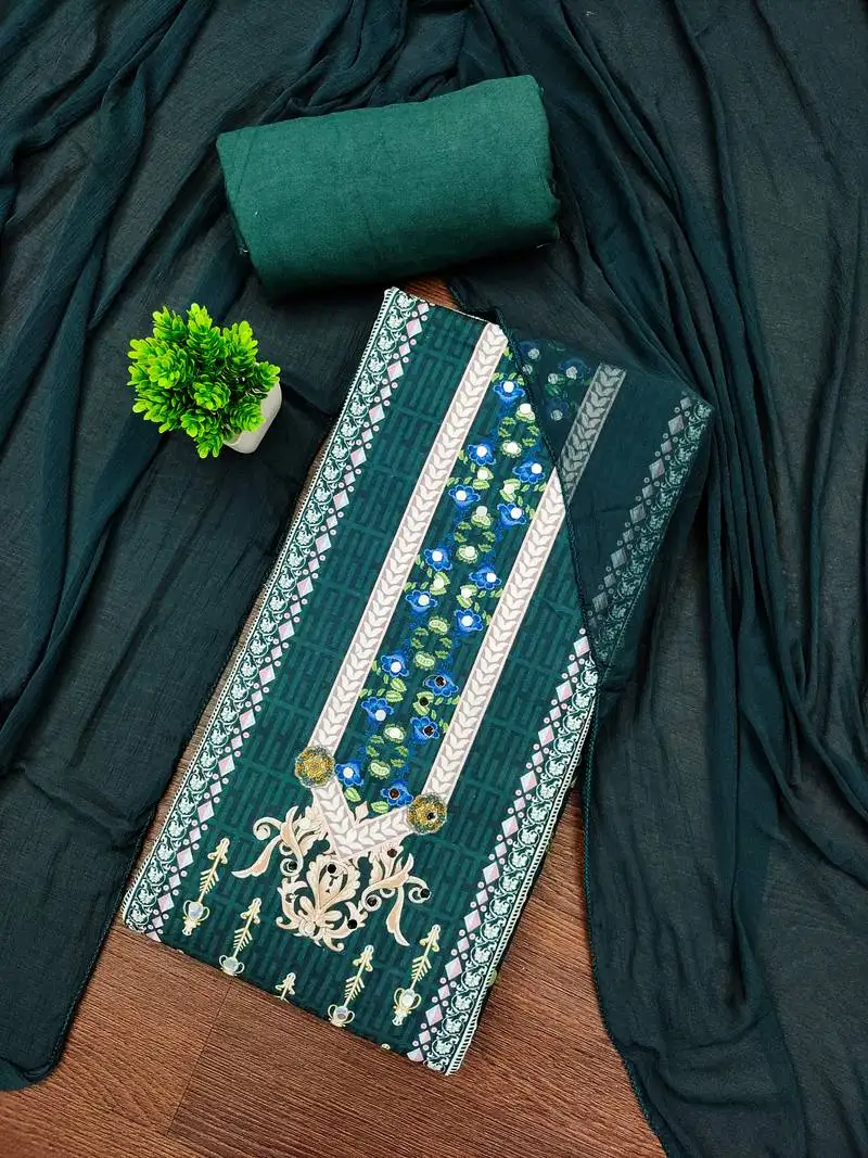 Women's multi unstitched designer print & mirror work rayon dress material (mt666grn)