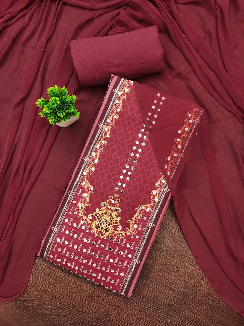 Women's multi unstitched designer print & mirror work rayon dress material (mt667mrn)