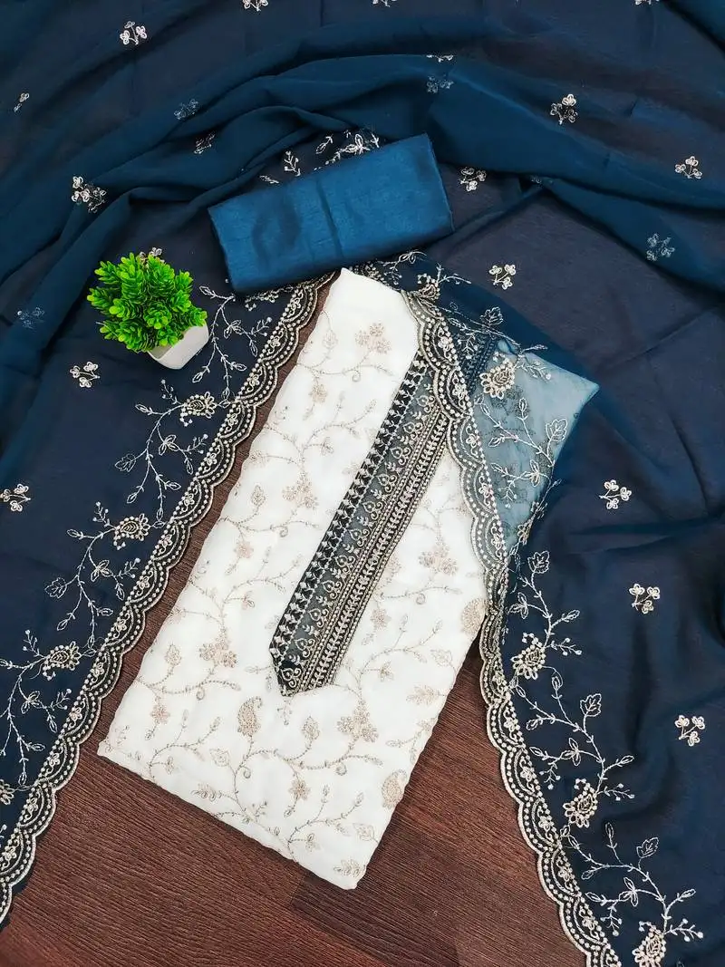 Women's white unstitched heavy zari embroidery georgette dress material (mt669blu)