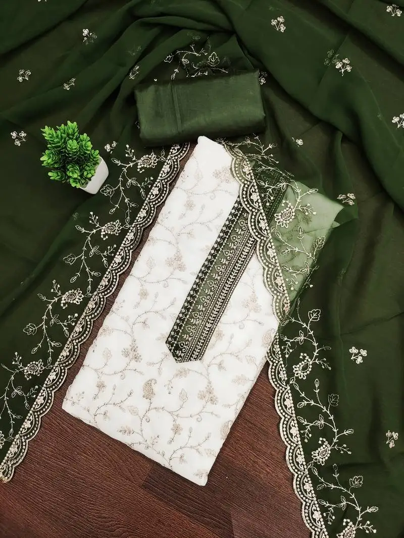 Women's white unstitched heavy zari embroidery georgette dress material (mt669grn)