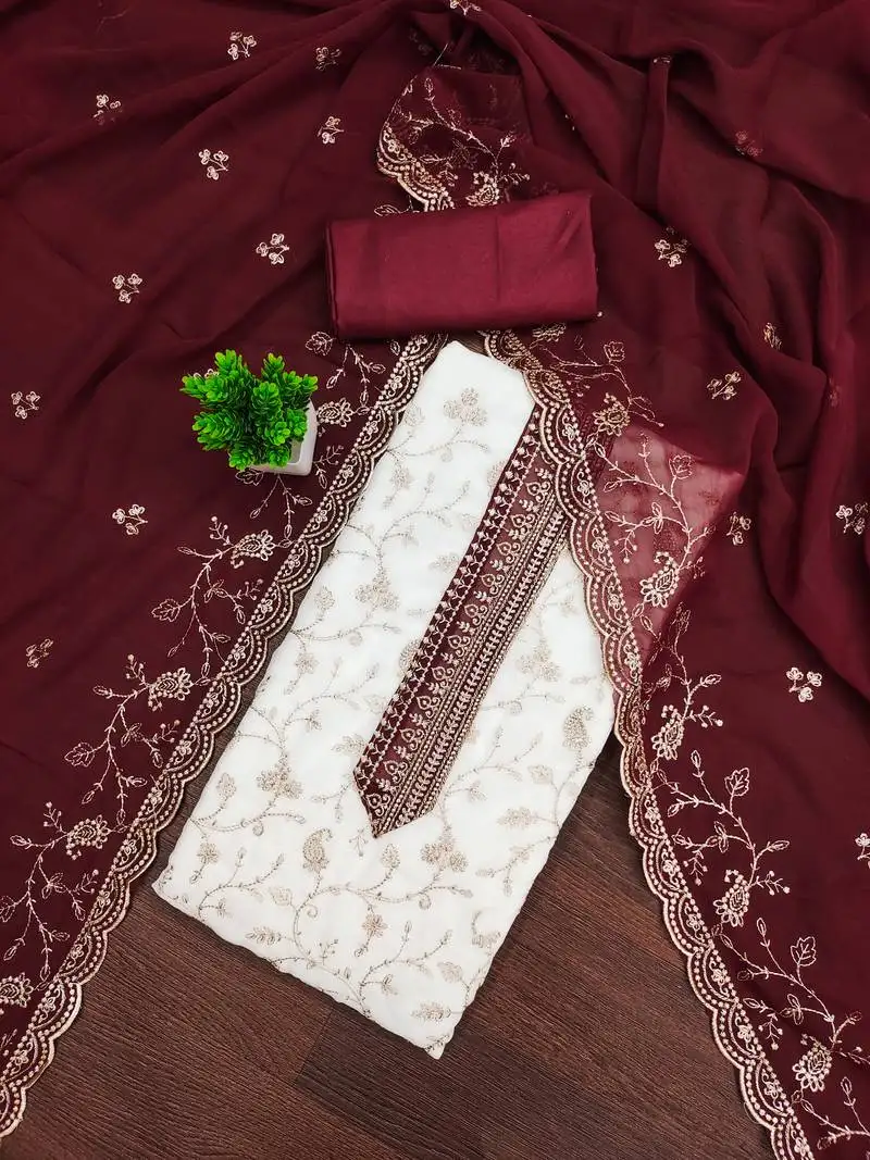 Women's white unstitched heavy zari embroidery georgette dress material (mt669mrn)