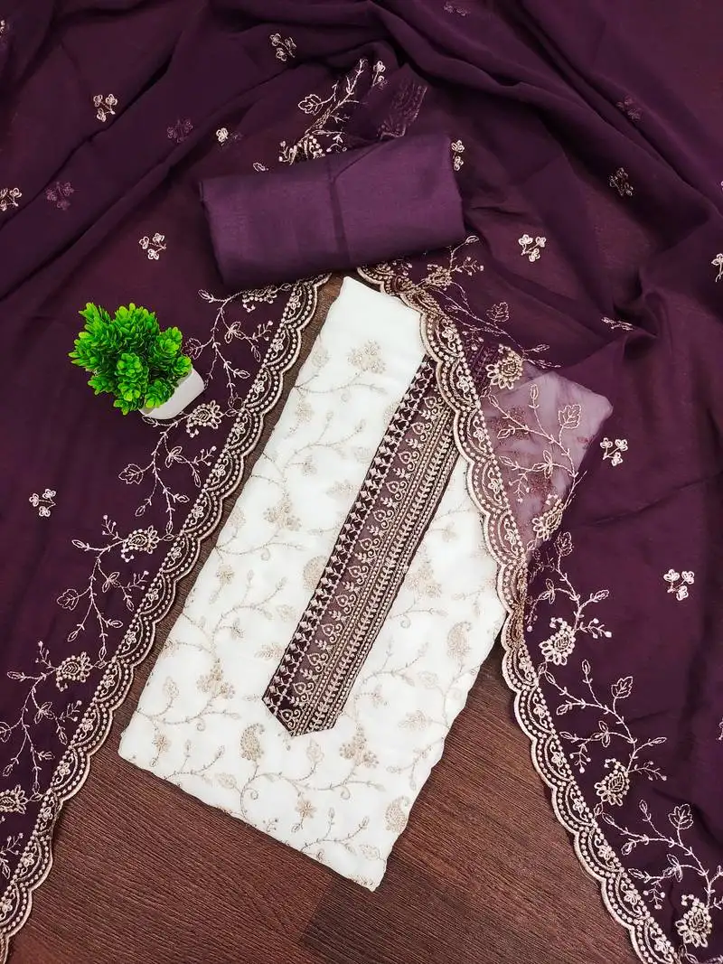 Women's white unstitched heavy zari embroidery georgette dress material (mt669ppl)