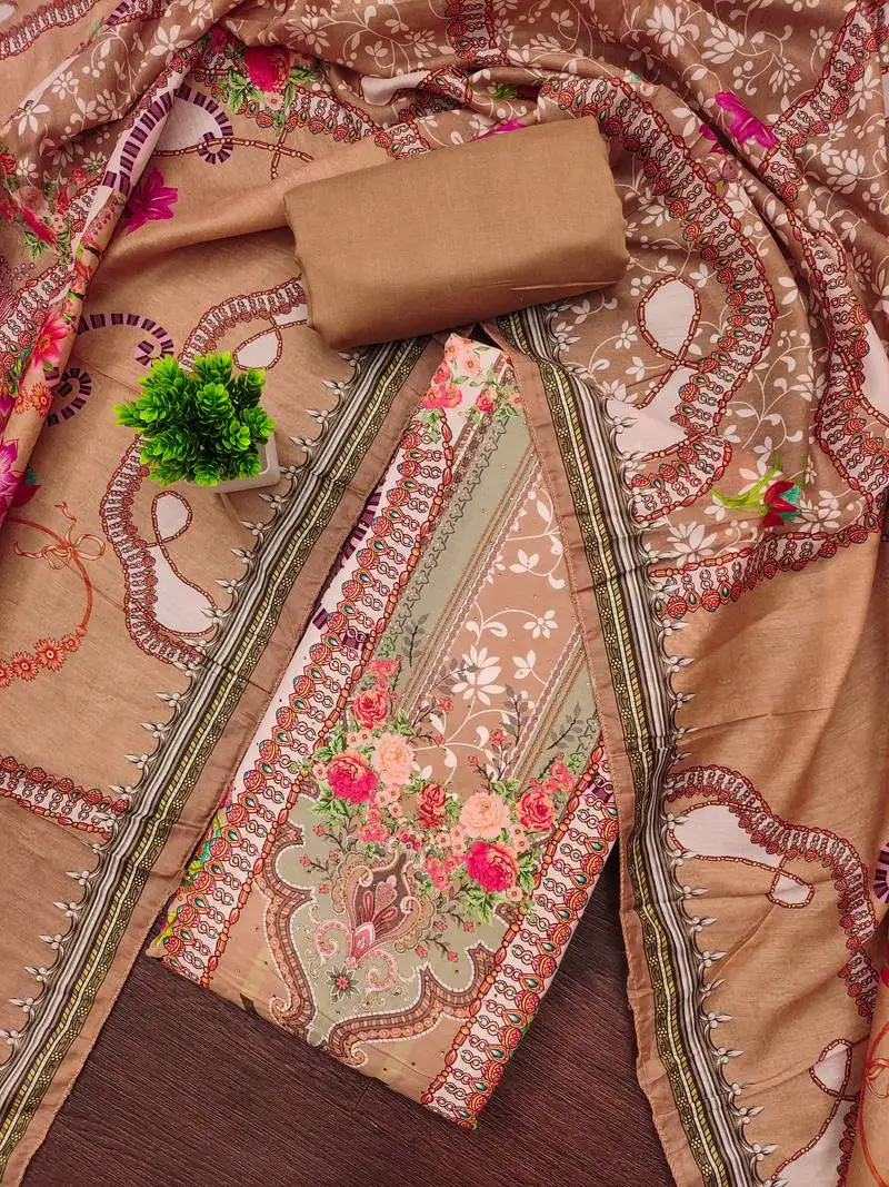 Women's multi unstitched print & daimond siroski work muslin cotton dress material (mt670bwn)