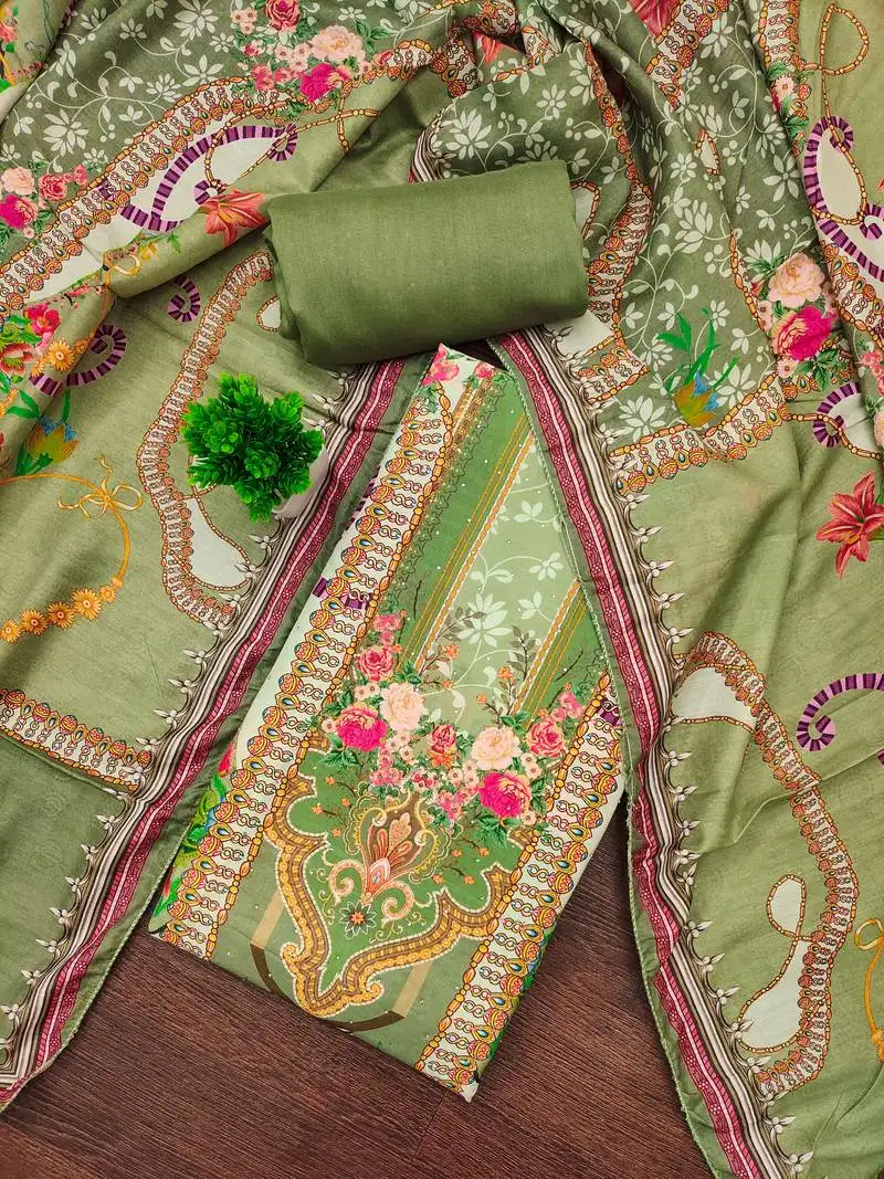 Women's multi unstitched print & daimond siroski work muslin cotton dress material (mt670grn)