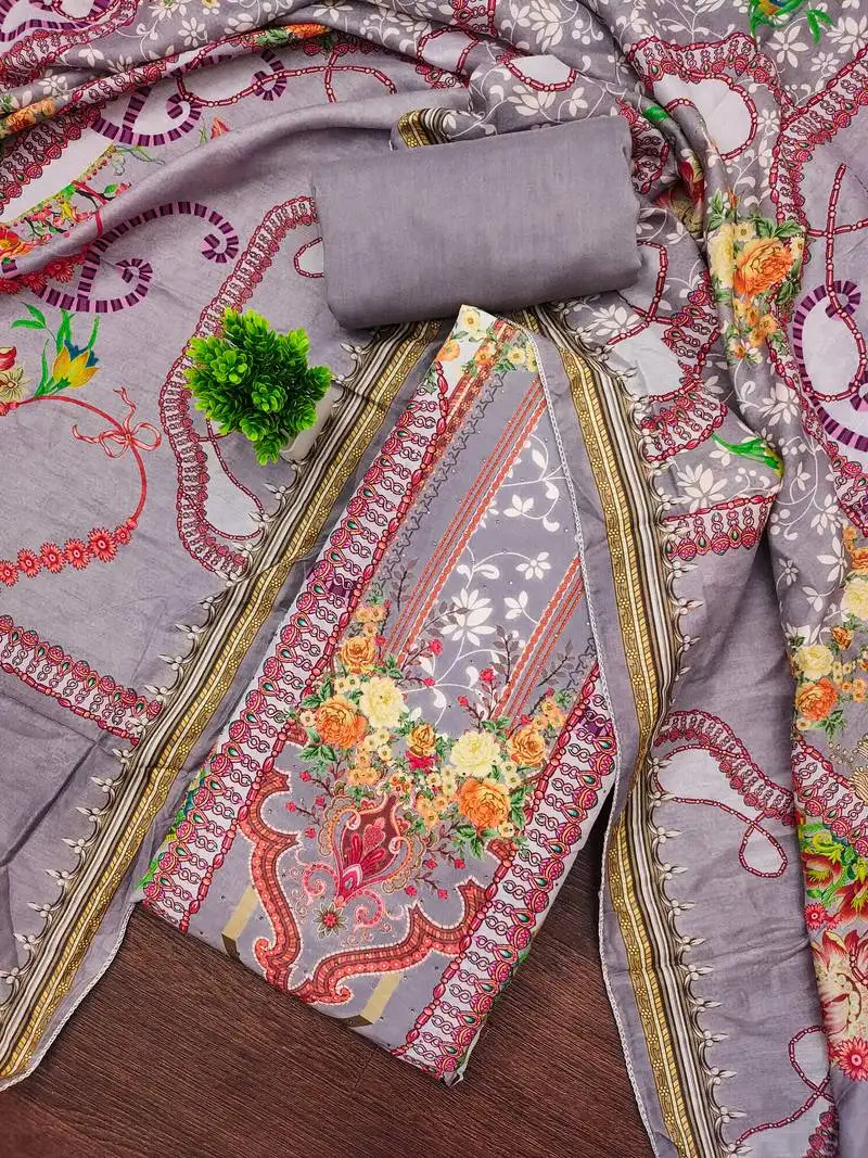 Women's multi unstitched print & daimond siroski work muslin cotton dress material (mt670gry)