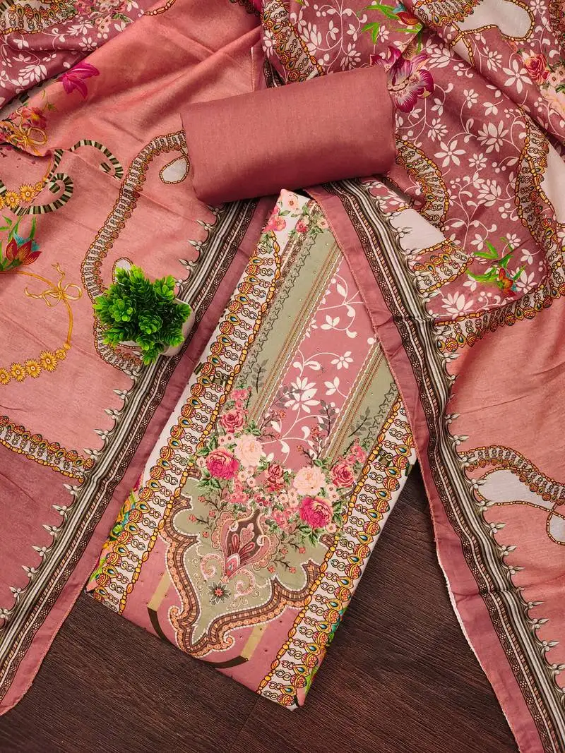 Women's multi unstitched print & daimond siroski work muslin cotton dress material (mt670ppl)