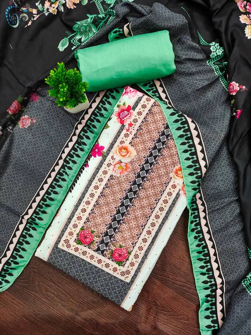 Women's multi unstitched print & daimond siroski work muslin cotton dress material (mt671grn)