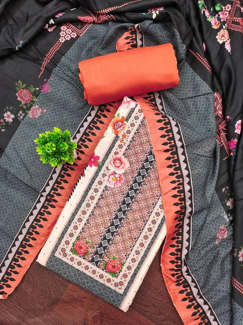 Women's multi unstitched print & daimond siroski work muslin cotton dress material (mt671org)