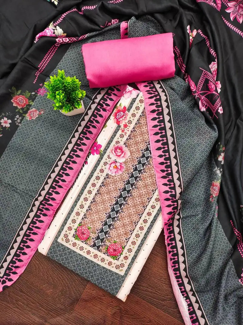 Women's multi unstitched print & daimond siroski work muslin cotton dress material (mt671pnk)