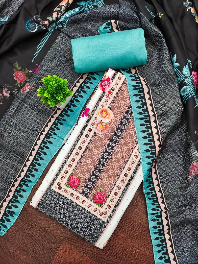 Women's multi unstitched print & daimond siroski work muslin cotton dress material (mt671sbl)