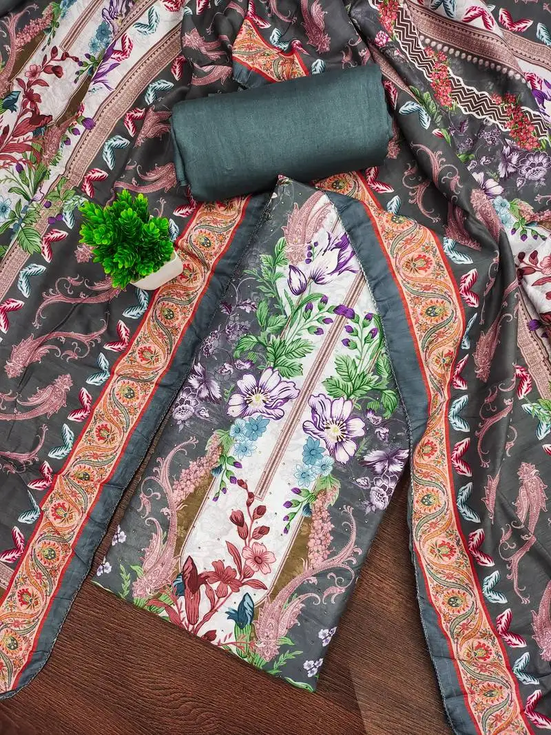 Women's multi unstitched print & daimond siroski work muslin cotton dress material (mt672dgy)