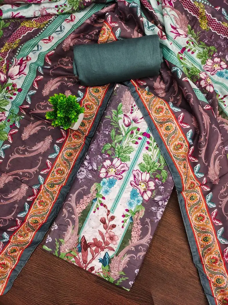 Women's multi unstitched print & daimond siroski work muslin cotton dress material (mt672ldr)