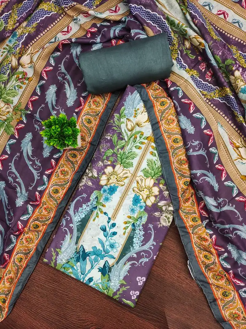 Women's multi unstitched print & daimond siroski work muslin cotton dress material (mt672ppl)