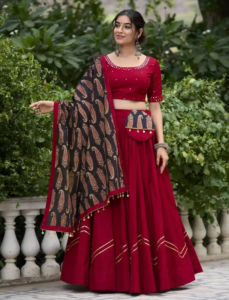 Maroon gota patti touch up pure cotton indian designer navratri raas garba festval festive lehenga dress