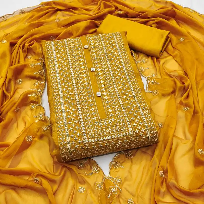 Women's mustard unstitched heavy thread embroidery cruncy sulk dress material (pk57mtd)