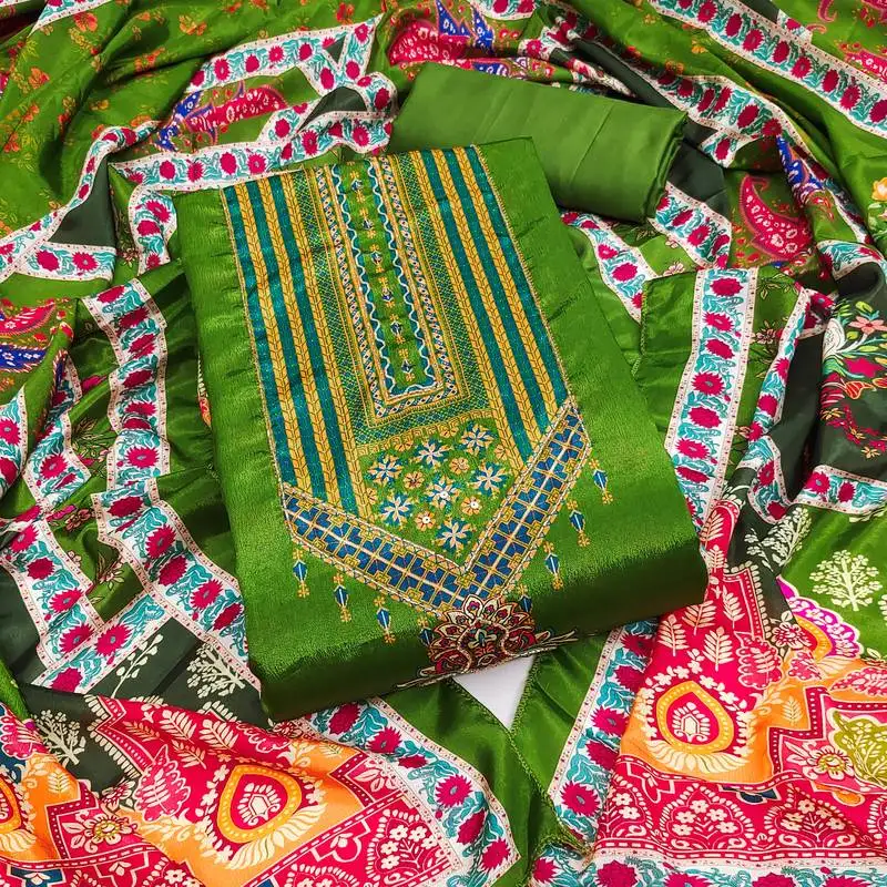 Women's green unstitched digital print & fancy border chinnon dress material (rnx5046grn)