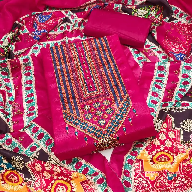 Women's pink unstitched digital print & fancy border chinnon dress material (rnx5046pnk)