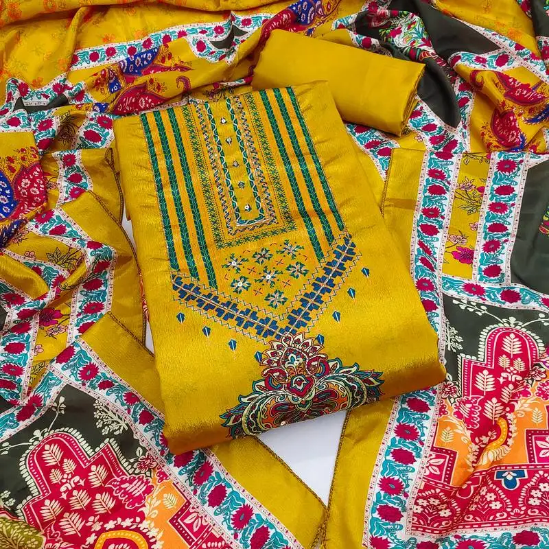 Women's yellow unstitched digital print & fancy border chinnon dress material (rnx5046ylw)