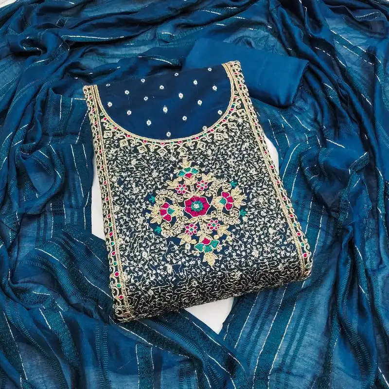 Women's blue unstitched weaving thread sequence embroidery modal butti jacquard dress material (rnx5047blu)