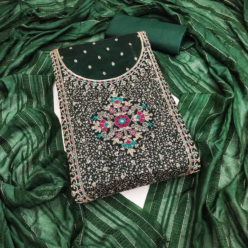 Women's green unstitched weaving thread sequence embroidery modal butti jacquard dress material (rnx5047grn)