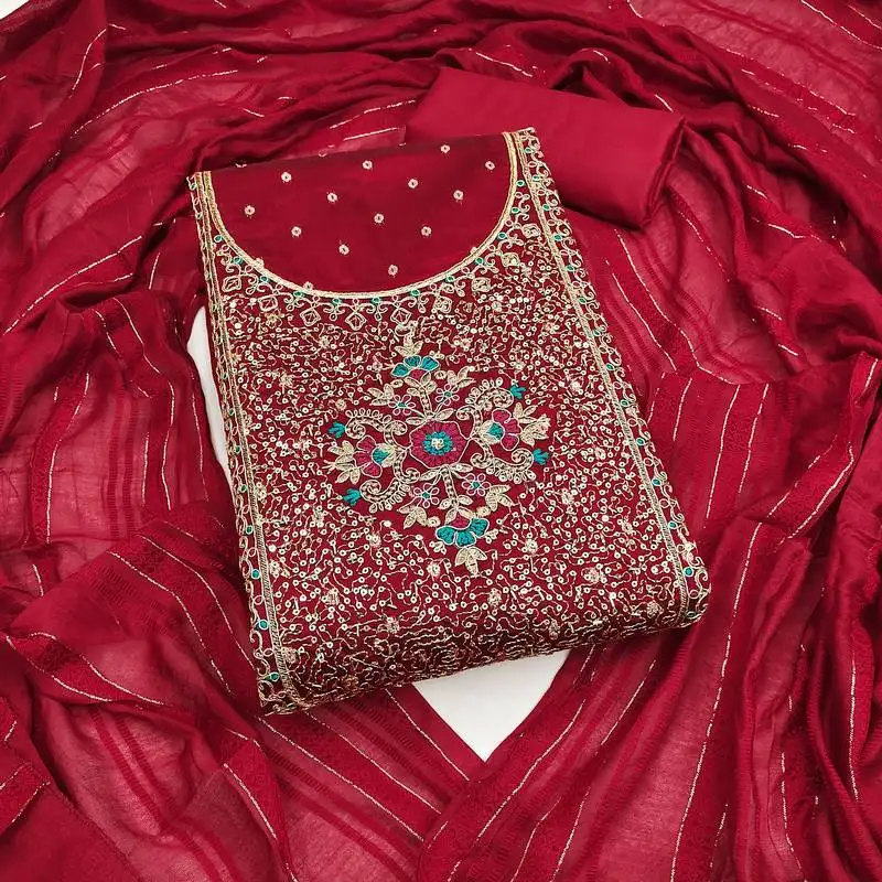 Women's maroon unstitched weaving thread sequence embroidery modal butti jacquard dress material (rnx5047mrn)