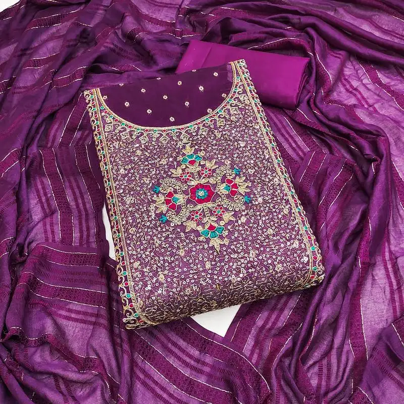 Women's purple unstitched weaving thread sequence embroidery modal butti jacquard dress material (rnx5047ppl)