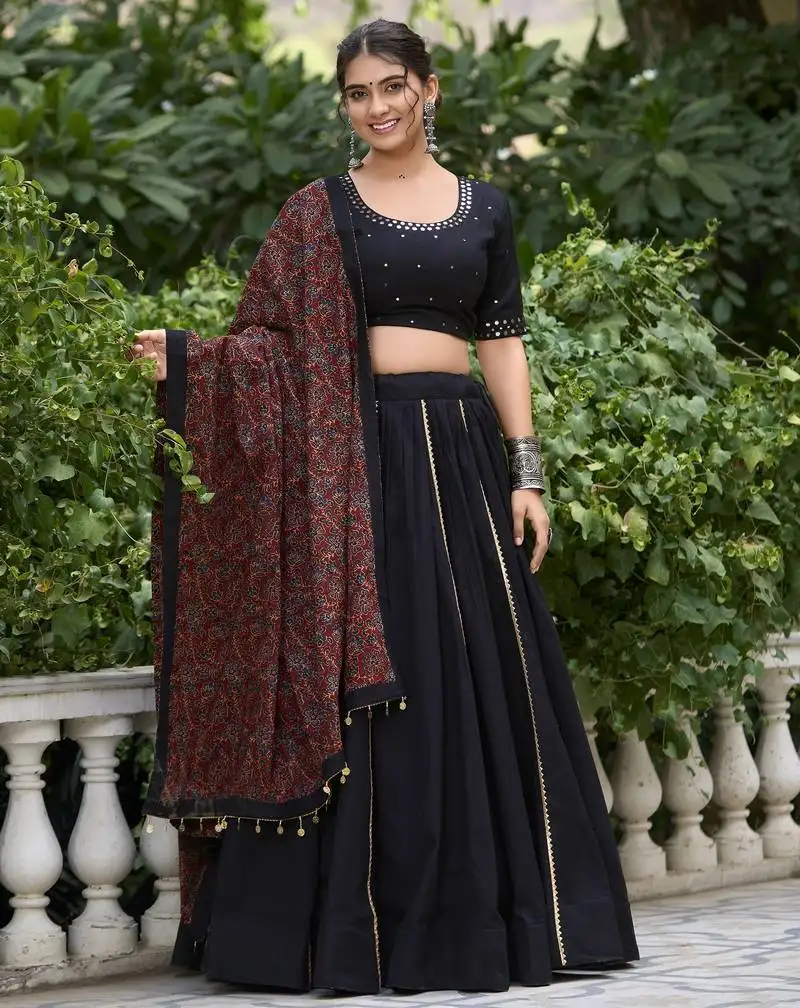 Black gota patti touch up pure cotton fabric indian designer navratri raas garba wear festive lehenga dress