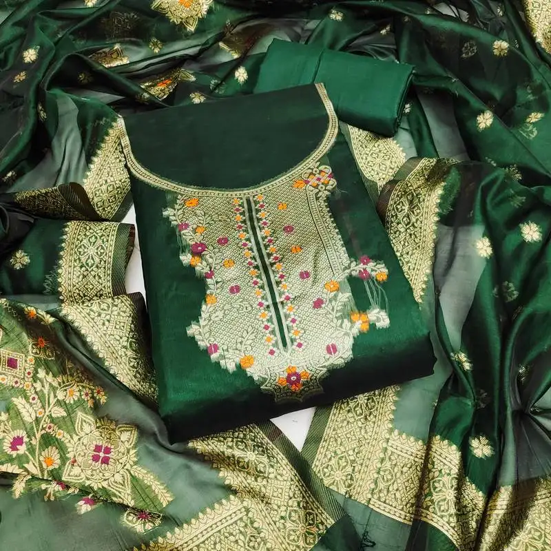 Women's green unstitched weaving & fancy border organza jacquard dress material (rnx5048grn)