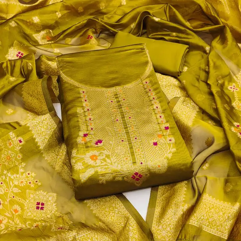 Women's mehandi unstitched weaving and fancy border organza jacquard dress material (rnx5048mhd)