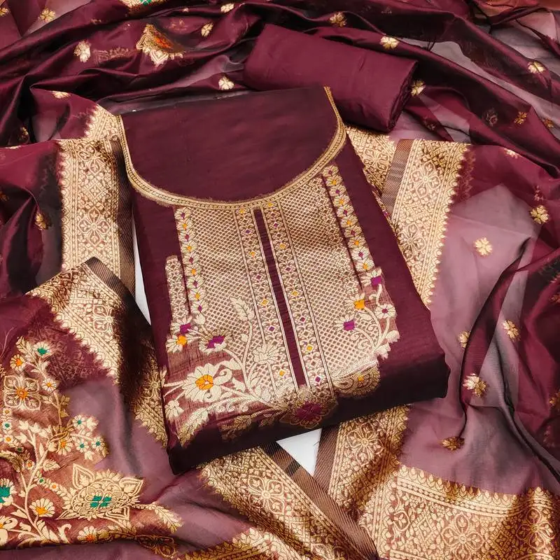 Women's maroon unstitched weaving and fancy border organza jacquard dress material (rnx5048mrn)