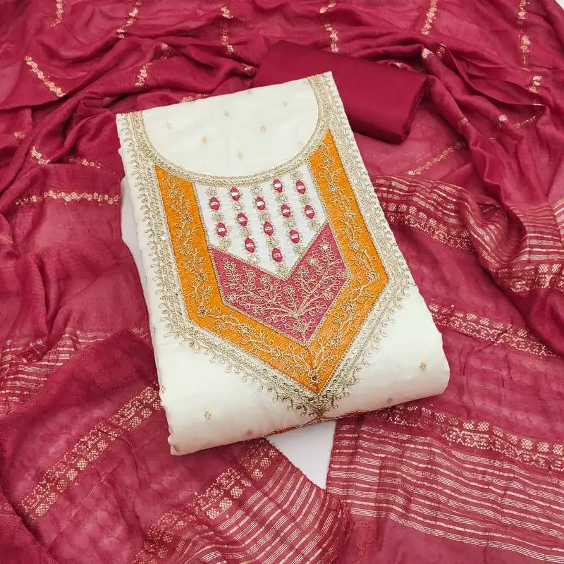 Women's white unstitched weaving thread sequence embroidery modal butti jacquard dress material (rnx5049mrn)