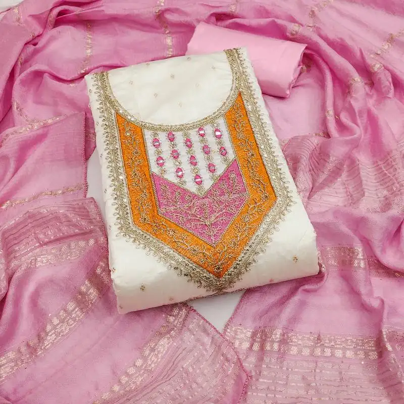 Women's white unstitched weaving thread sequence embroidery modal butti jacquard dress material (rnx5049pnk)