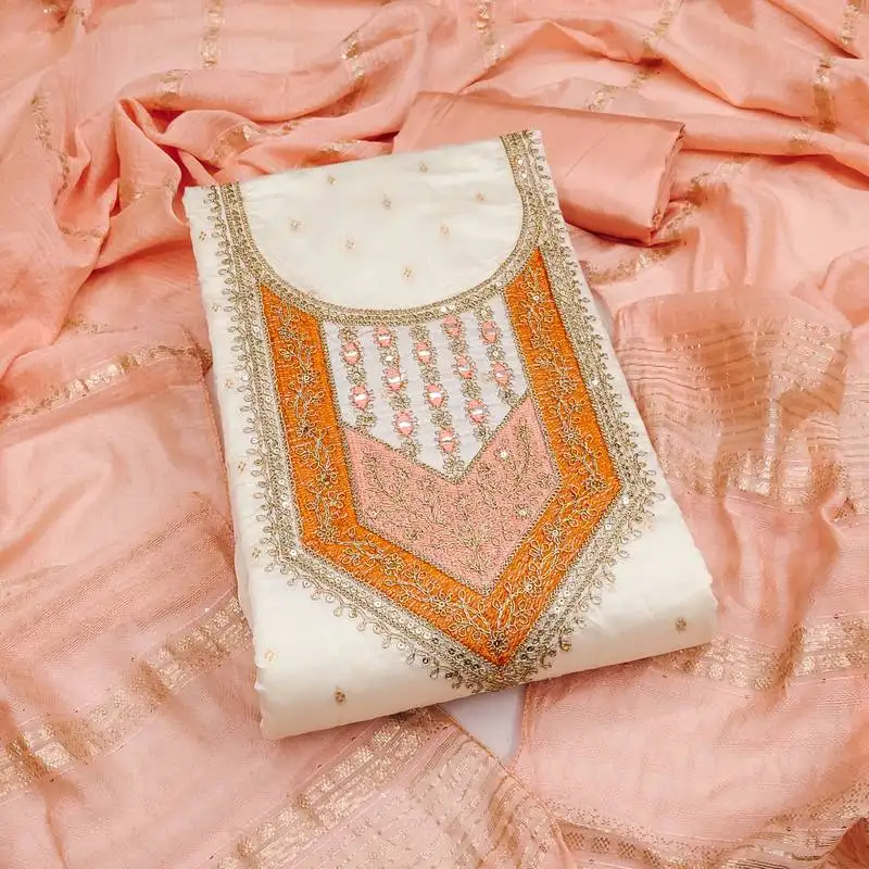 Women's white unstitched weaving thread sequence embroidery modal butti jacquard dress material (rnx5049pch)