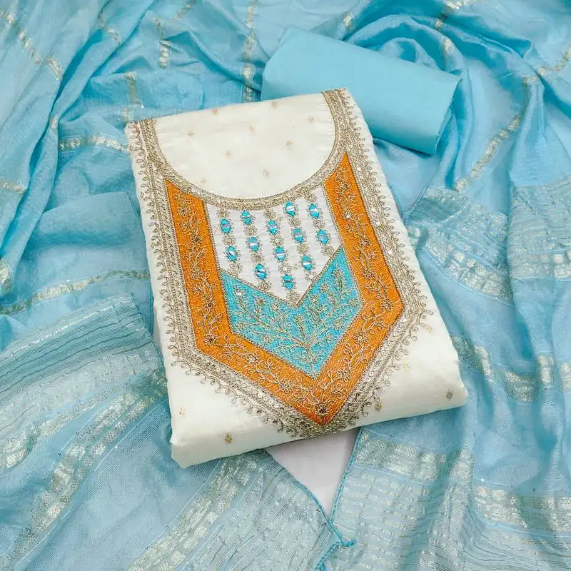 Women's white unstitched weaving thread sequence embroidery modal butti jacquard dress material (rnx5049sbl)