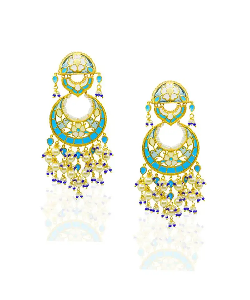 Gold plated blue stone chandbali earrings in sterling silver