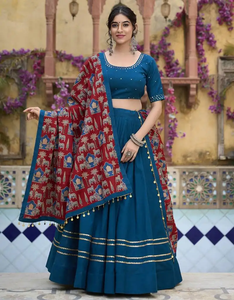 Teal blue gota patti touch up pure cotton indian designer latest design navratri raas garba lehenga dress