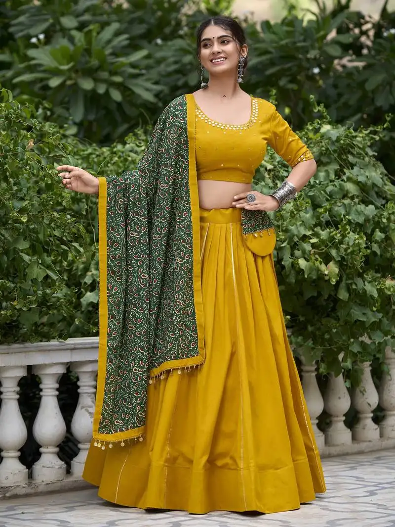 Mustard gota patti touch up pure cotton indian navratri raas garba wear festive lehenga dress