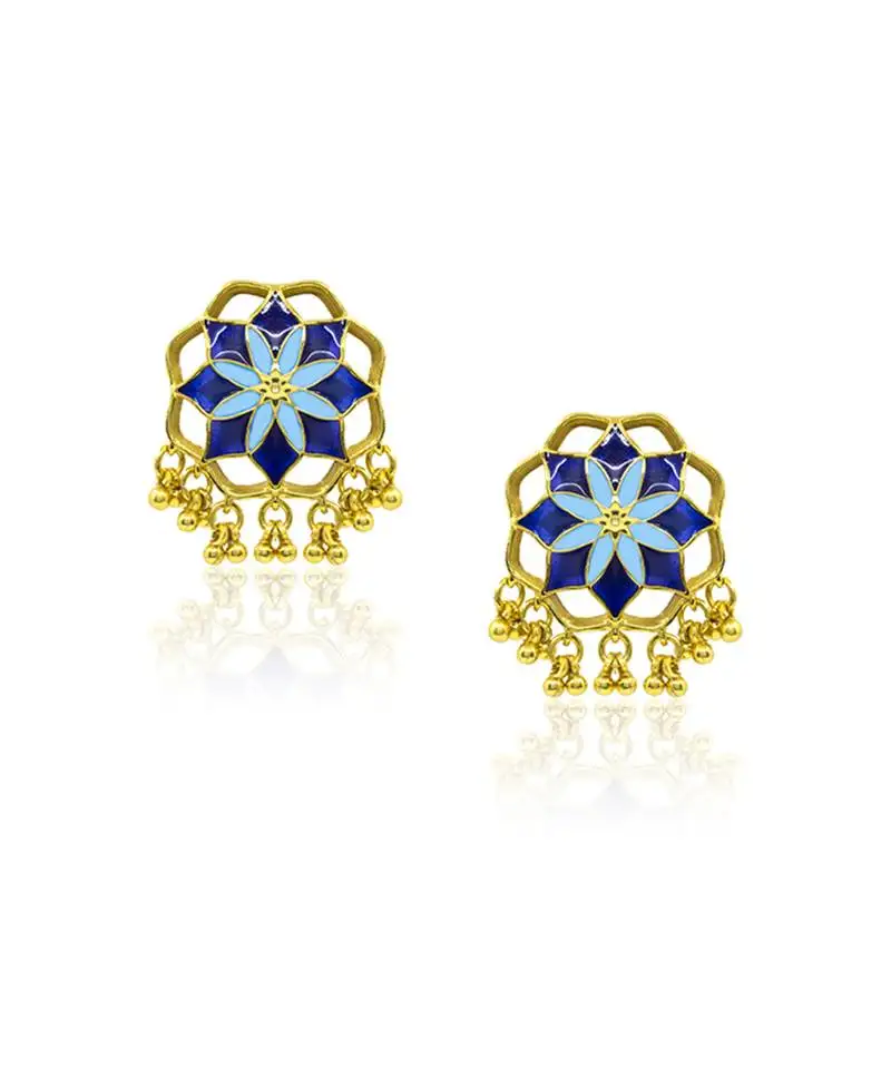 Gold plated blue stone stud earrings in sterling silver