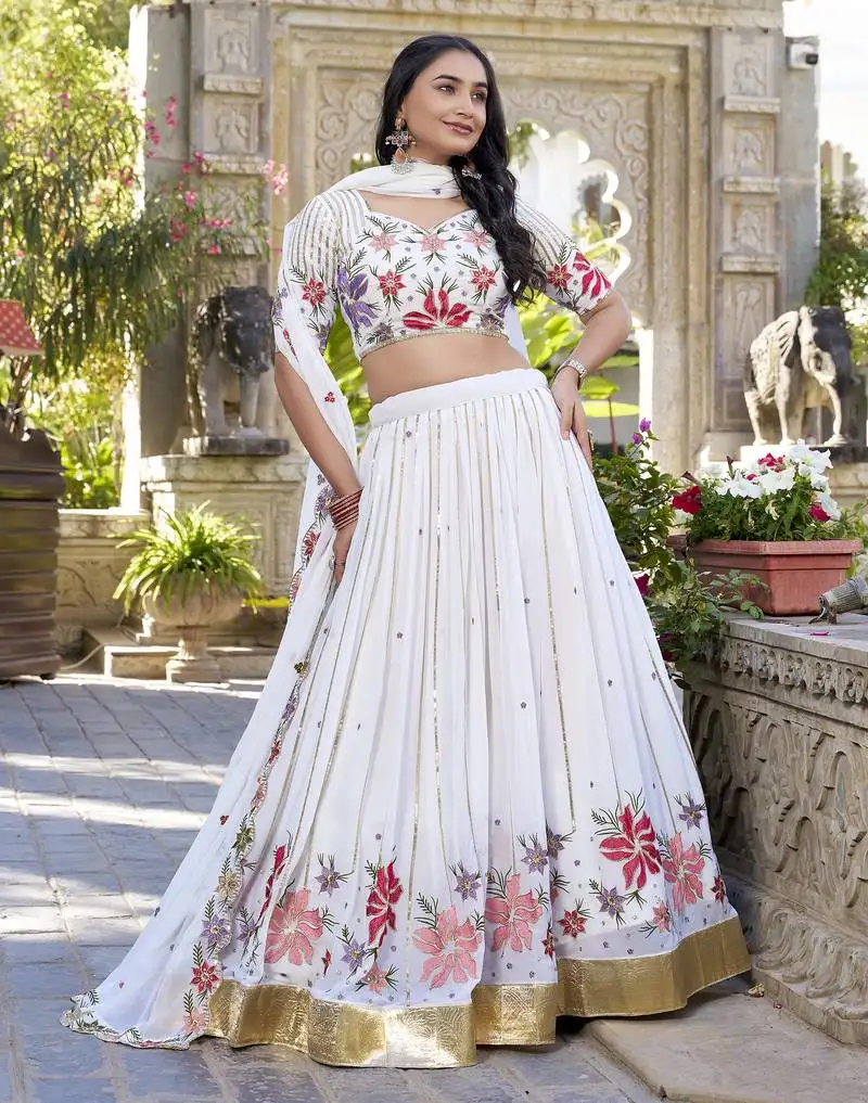 White sequins and thread embroidered georgette indian designer wedding lehenga dress