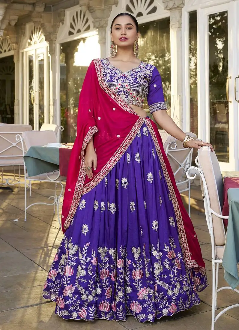 Purple sequins and thread embroidered georgette indian designer wedding lehenga dress