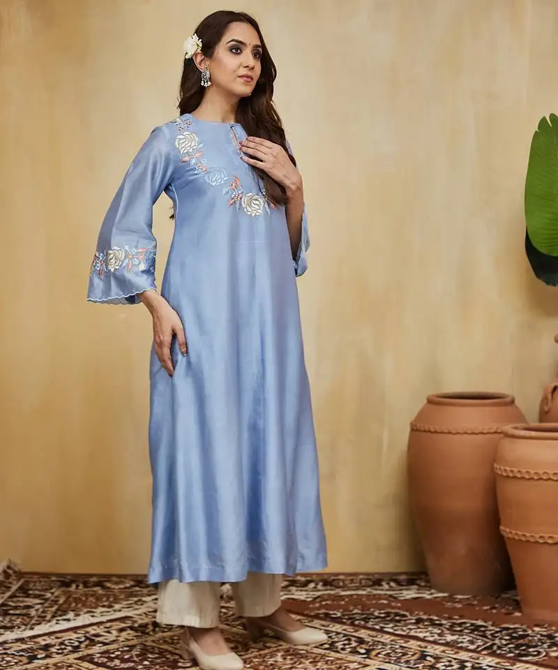 Pastel blue floral embroidered chanderi kurti