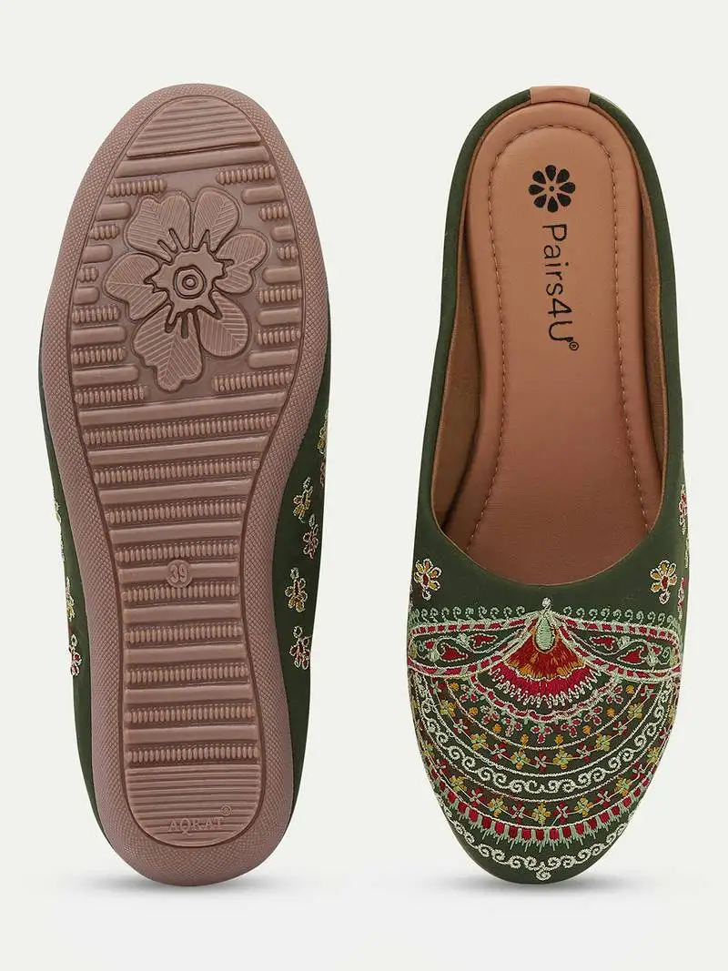 Pairs4u women's dark green embroidered canvas jutti slip-on ethnic flats with stylised toe for comfort &