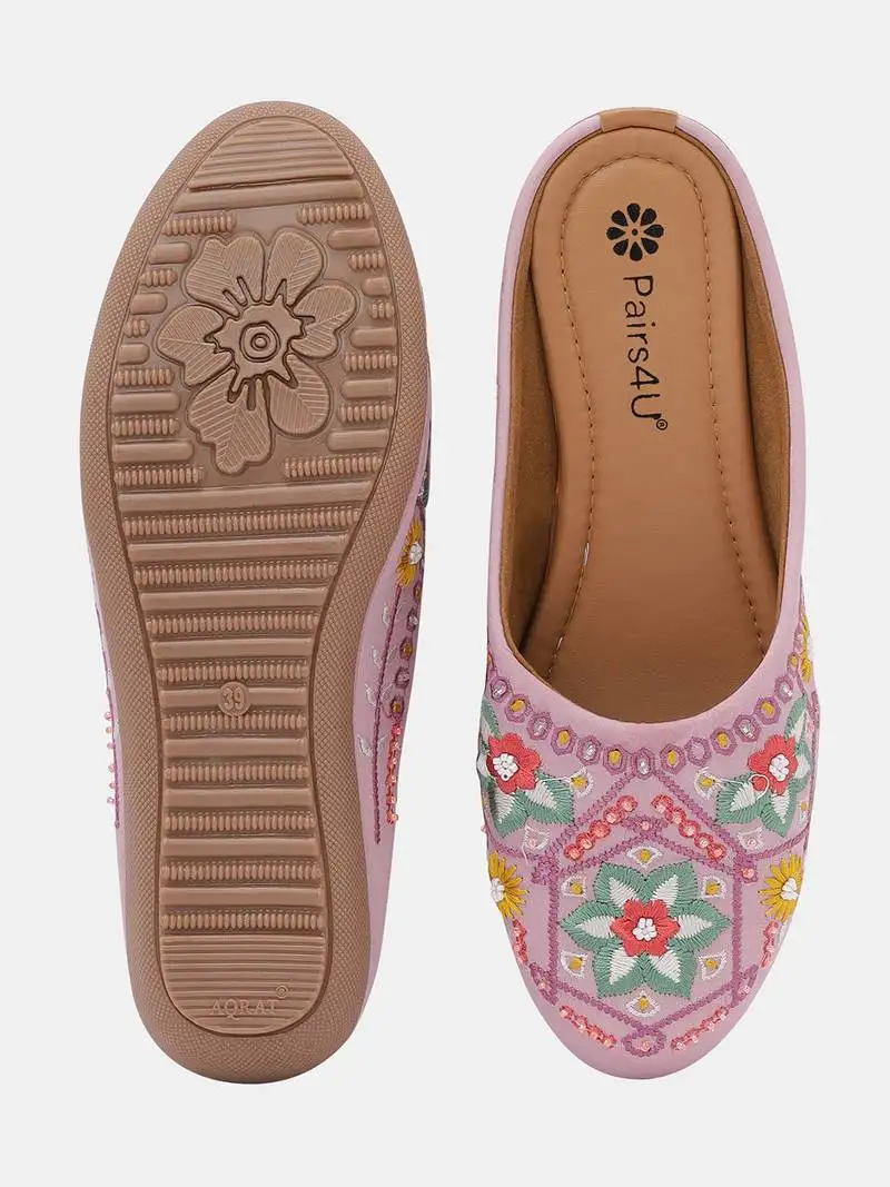 Pairs4u women's peach canvas mojari jutti ethnic embroidered slip-on flats with comfortable pvc sole for women & girls