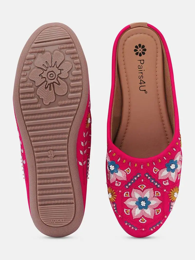 Pairs4u women's dark pink embroidered canvas punjabi jutti slip-on ethnic flats with comfortable pvc sole