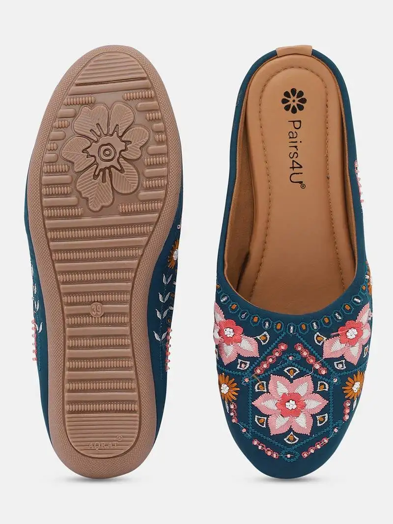 Pairs4u women's embroidered juttis canvas slip-on ethnic flat comfortable sole in stylish rama for women & girls