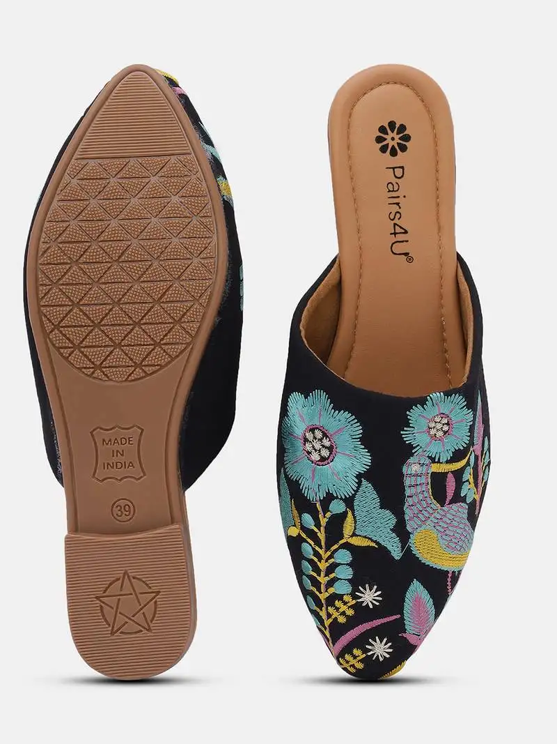 Pairs4u women's black mojari jutti ethnic canvas embroidered slip-on comfortable flats for women & girls