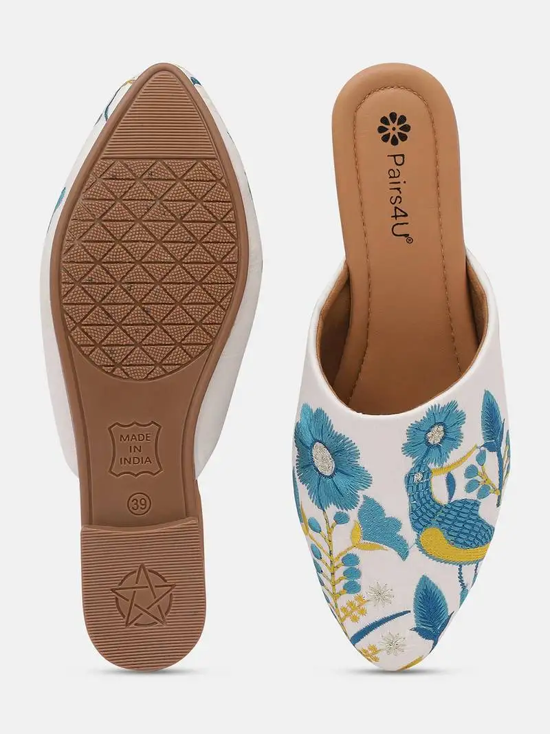 Pairs4u women's ethnic white jutti - embroidered canvas slip-on flats with pvc sole, universal occasion